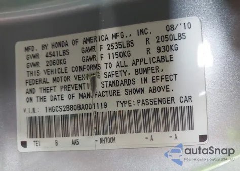 2011 Honda Accord 3.5 Ex-L z USA, uszkodzony, nr VIN 1HGCS2B80BA001119